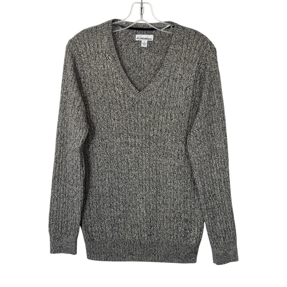 Marled Cable Knit V Neck Sweater Women XL Black Grey Minimalist